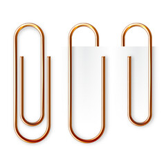 Realistic copper paperclip attached to paper isolated on white background. Shiny metal paper clip, page holder, binder. Workplace office supplies. Vector illustration