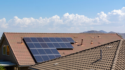 solar panel installed on a house gable roof, Menifee, California, USA