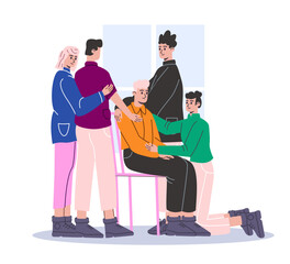 Group support therapy. Hugging people comfort frustrated guy. Psychological emotional help and empathy. Moral team assistance. Sympathetic friends. Care of depressed man. Vector concept