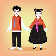 Young children holding hands in an orange hanbok. Dark-haired smiling Korean girl and boy pictured against an orange background.