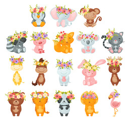 Fototapeta premium Cute Animals Wearing Blooming Flower Wreath on Their Head Big Vector Set
