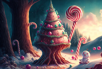 A beautiful Merry Christmas-themed candy cane festive scene in winter. A Happy New Year and Christmas Wallpaper. A Generative AI digital illustration.