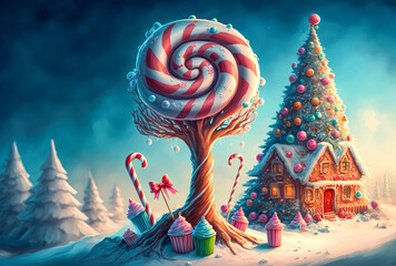 A beautiful Merry Christmas-themed candy cane festive scene in winter. A Happy New Year and Christmas Wallpaper. A Generative AI digital illustration.