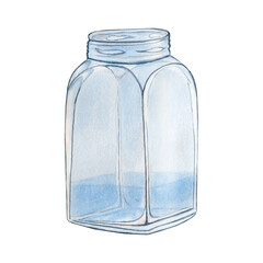 A blue glass perfume bottle with a lid for storing essential oil, liquid, water, cosmetics, incense sticks. Watercolor illustration on a white background. Aromatherapy facility, spa