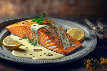 illustration of fine dining dish,  salmon steak, garnished food decorated with flower and herb	
