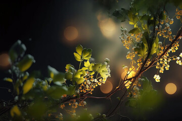 illustration of green forest  ivy leaves branch backlight against sunlight , selective focus