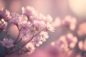illustration of  beautiful pink flowers blooming with bokeh light , idea for freshness and happiness background or backdrop