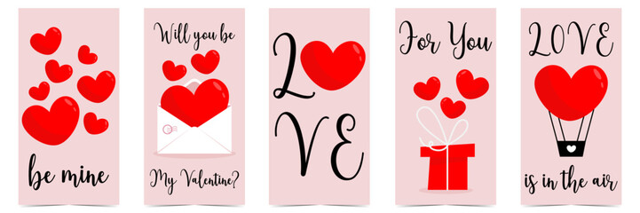 Valentine's Day greeting postcards with red balloon hearts, gift box and romantic love text. Set of vector illustrations for celebration of the Feast of Saint Valentine on February 14.