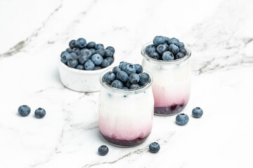 yogurt parfait with blueberry and jam in glass jars on a light background. banner, menu, recipe place for text, top view.