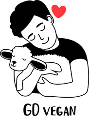 Happy kind boy hugging a lamb and shows his love to animals. Nature respect concept and vegan lifestyle. Cute lamb with little heart. Vector illustration