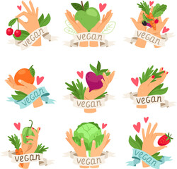 Vegan vector isolated labels with vegetables, fruits, berries and hands. Set of colourful icons for packaging design of vegetarian food
