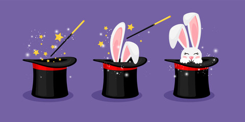 Wizard conjure cylinder. Magic hat with bunny ears vector illustration. Magician hat with rabbit. Circus show, abracadabra wand - obrazy, fototapety, plakaty