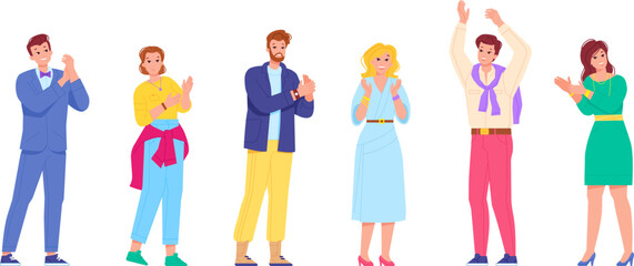People ovation. Man compliment gesture, happy woman clapping person recognition gesture, audience standing applause human praising and complimenting clap swanky vector illustration