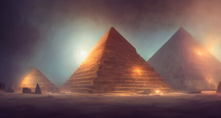Fototapeta na wymiar Ai Digital Illustration Fantasy Pyramid Landscape Painting