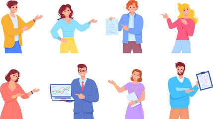 People introducing product. Presenter showing hand aside, promoting person explaining lecture or ads presentation smth products, manager pointing hands, swanky vector illustration