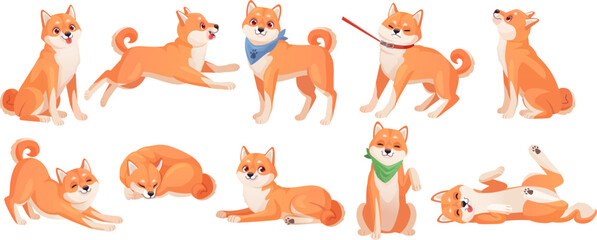 Shiba inu. Anime kawaii dogs, cartoon shiba-inu puppy sticker bark japan manga dog activities fur pet poses standing sitting sleeping stretch, set ingenious vector illustration