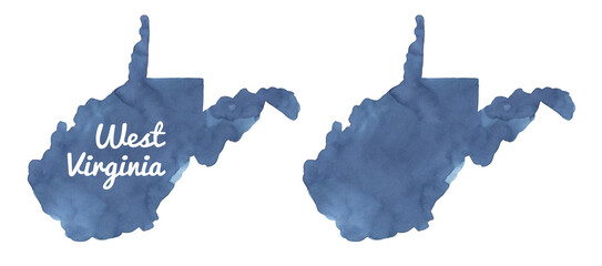 Naklejka premium Watercolour drawing set of West Virginia State Map Silhouette in navy blue colour in two variation: blank template and with text lettering. Hand painted water color sketch, cut out clipart for design.
