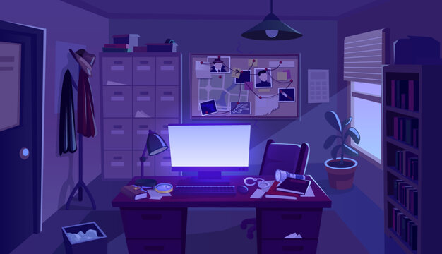 Night detective office. Dark private investigator room police station for crime investigation, computer light on paperwork desk criminal writer, noir ingenious vector illustration