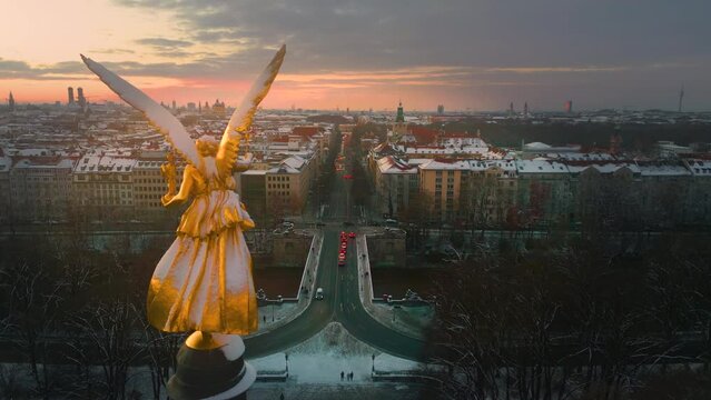 Munich aerial skyline view in front angel fo peace bogenhausen munich district at winter snow germany munchen city.