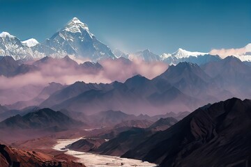 Panoramic view of Himalayas mountains, Mount Everest - obrazy, fototapety, plakaty