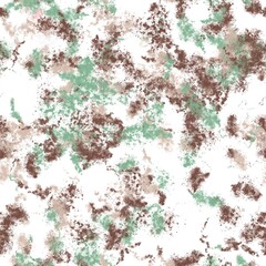 Paint splashes with dotted texture. Green, dark and light brown colors on the white background. Seamless pattern