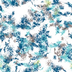 Paint splashes with dotted texture. Blue, cyan, brown and green colors on the white background. Seamless pattern