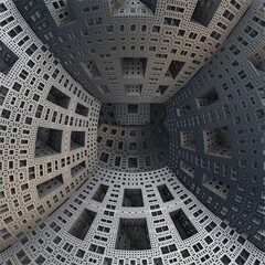 Abstract fractal pattern. Grey structure with multiple rectangle holes. Building with windows imitation. 3d illustration, 3d rendering