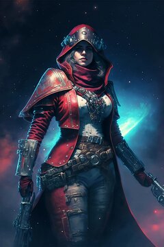 A Female Futuristic Pirate Standing In Space With Guns Digital Art