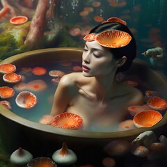 Beautiful Asian woman  takes a psilocybin bath during her mushroom trip surrounded by a magical forest. A beautiful fairy-tale setting. Hallucinogenic visualization. Generative AI illustration. - obrazy, fototapety, plakaty