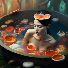 Beautiful Asian woman  takes a psilocybin bath during her mushroom trip surrounded by a magical forest. A beautiful fairy-tale setting. Hallucinogenic visualization. Generative AI illustration. - obrazy, fototapety, plakaty