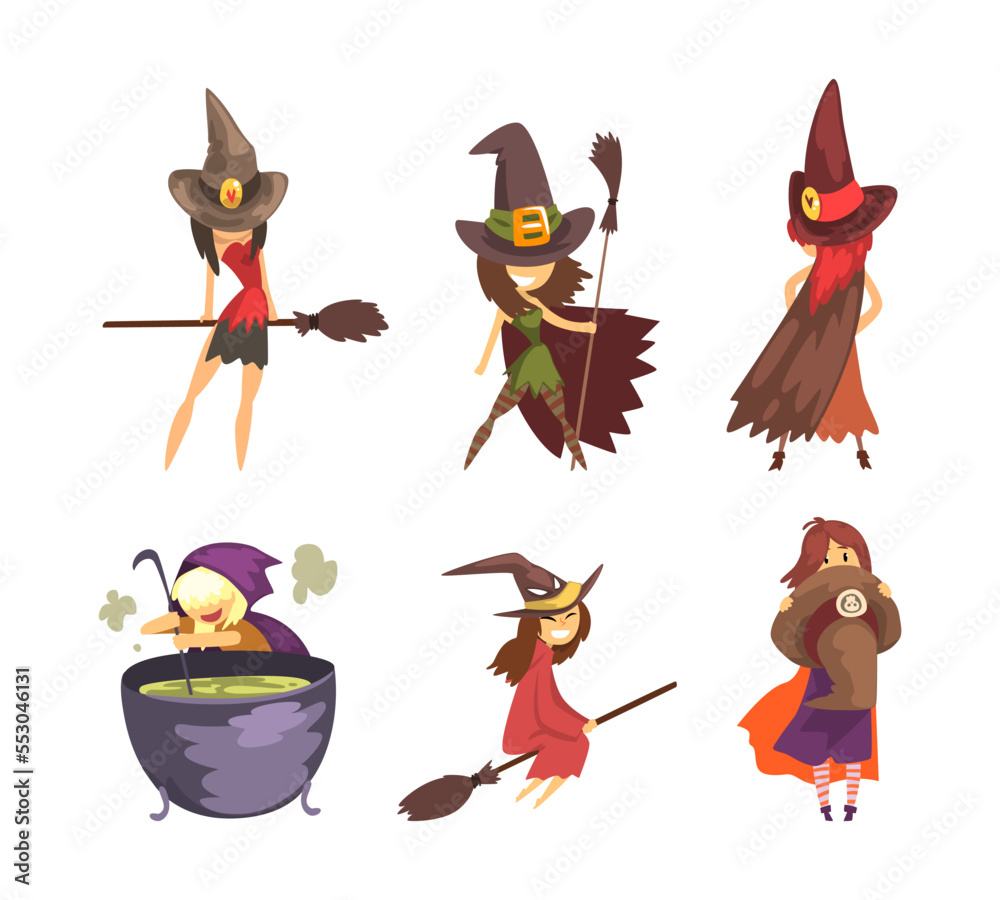 Wall mural cute little witch in pointed hat flying on broomstick and boiling poison in cauldron vector set