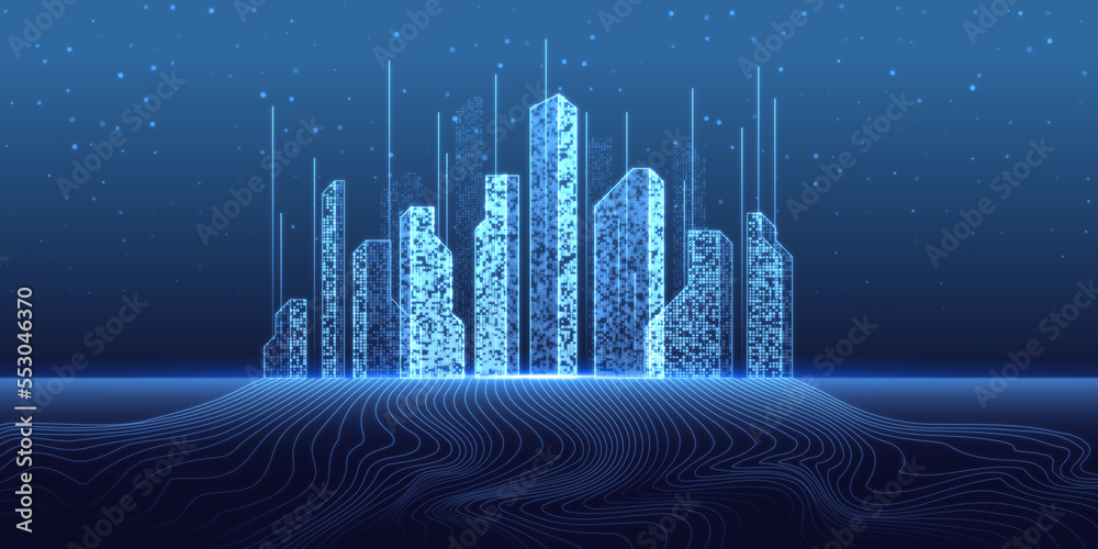 Poster metaverse city and futuristic virtual reality concept with blue digital city skyscraper buildings wi