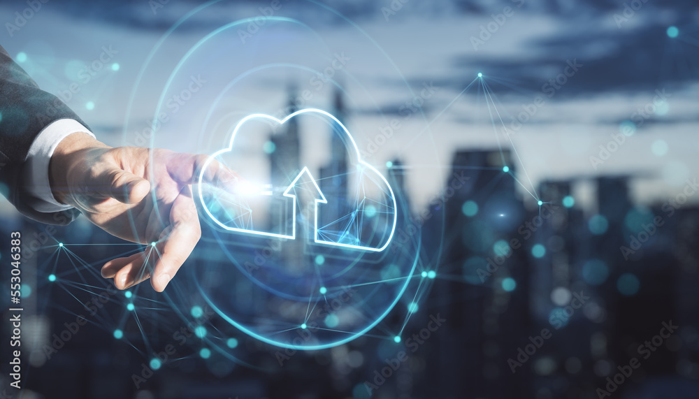 Poster uploading files to cloud concept. close up of businessman hand pointing at hologram on blurry city s