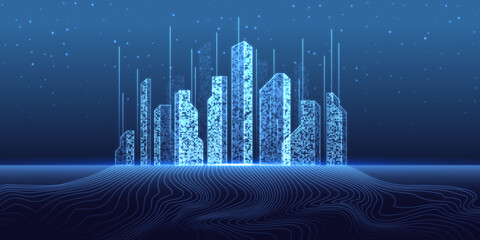 Metaverse city and futuristic virtual reality concept with blue digital city skyscraper buildings with wavy wires on abstract technological background. 3D rendering