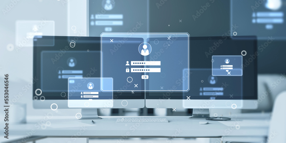 Poster close up of workplace with laptop computer monitors and login details holograms on blurry office bac