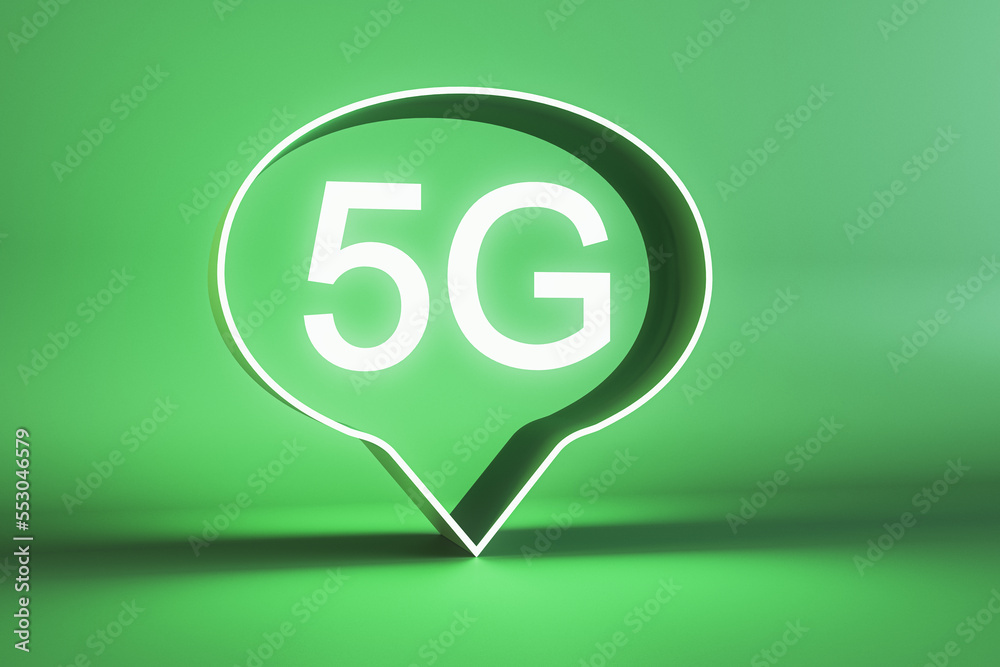 Poster modern 5g bubble on green background. fast internet speed and technology concept. 3d rendering.