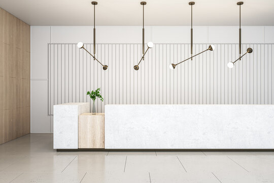Front view on blank marble reception desk with place for your logo and flower in stylish spacious office hall with modern lamps, ceramic tiles floor and light wall background. 3D rendering, mock up