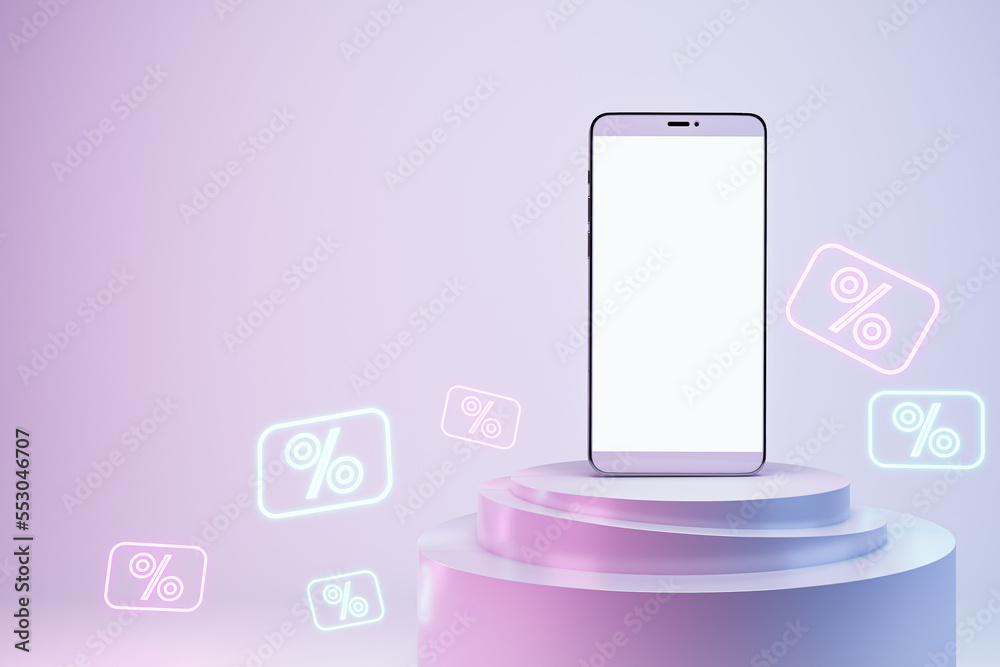 Poster empty white screen mobile phone on creative pink product display on light background with glowing pe