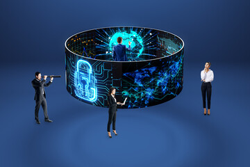 Businesspeople using abstract round screen with globe, padlock and business chart on blue background. Futuristic, hud, business, work, and digital transformation concept.