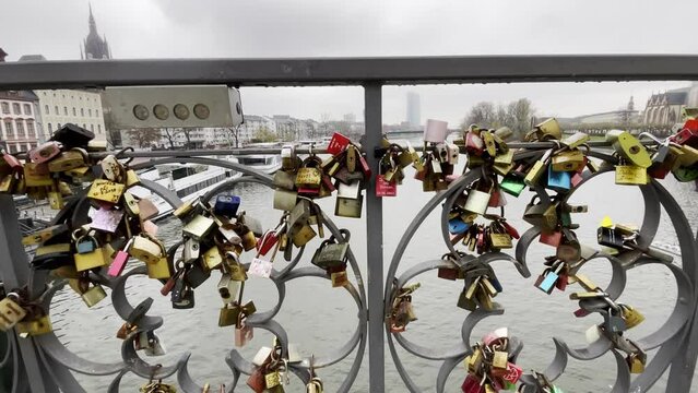 Love Locks in Iron Footbridge Eiserner Steg in Frankfurt Germany