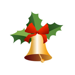 Golden Christmas bell with red bow, tinsel, isolated on white background, illustration.