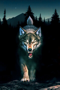 Big bad wolf comming out of the dark forest (Illustration)
