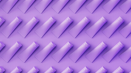 Lavender cosmetic tubes with soft shadow fill background. Perfect ordered tubes hexagonal diagonal layout. 3d render illustration