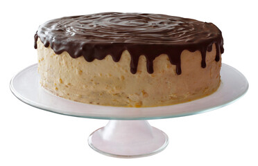 Tasty cake covered with chocolate coating, placed on a glass base. Isolated background.