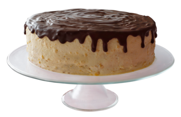 Tasty cake covered with chocolate coating, placed on a glass base. Isolated background.