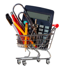 Metal shopping basket filled with office supplies. Isolated background.