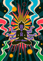 Psychedelic Style Yoga Lotus Pose Poster. Abstract Geometric Design Hinduism Illustration
