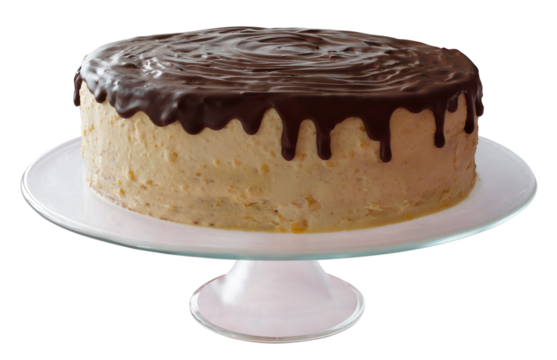 Tasty cake covered with chocolate coating, placed on a glass base. Isolated background.