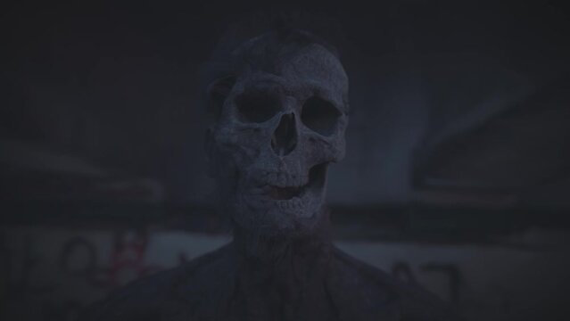 End o humanity. Zombie skull lit by a setting sun. Photorealistic, cinematic timelapse 3D animation.
