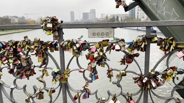 Love Locks in Iron Footbridge Eiserner Steg in Frankfurt Germany